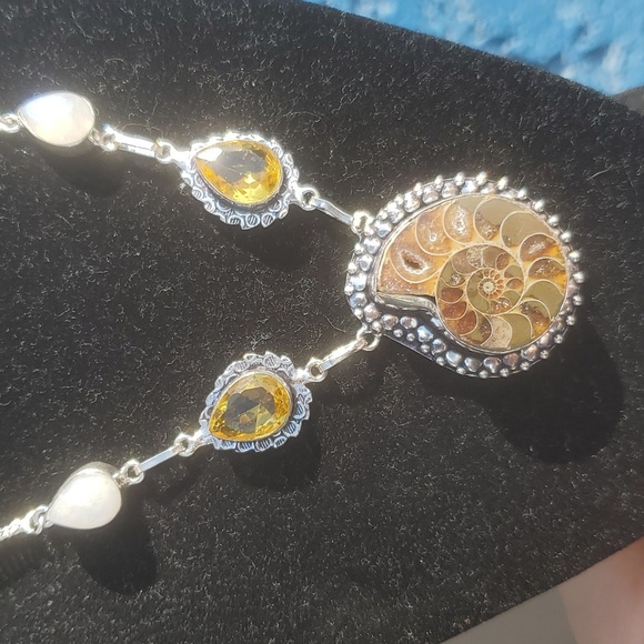 New Ammonite Fossil, Rainbow Moonstone & Citrine 925 Silver Necklace. - Picture 3 of 12